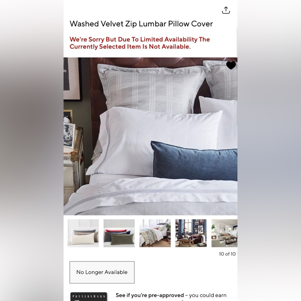 New Pottery Barn Washed Velvet Zip Lumbar Pillow Cover, Sailor Blue, 12 x 24”